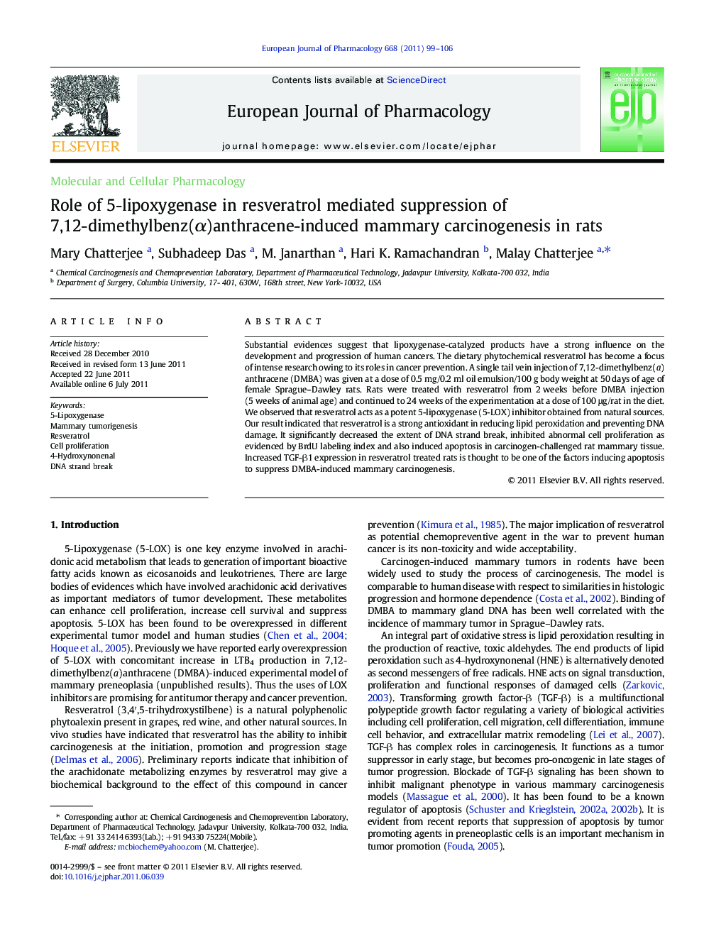 Role of 5-lipoxygenase in resveratrol mediated suppression of 7,12-dimethylbenz(Î±)anthracene-induced mammary carcinogenesis in rats