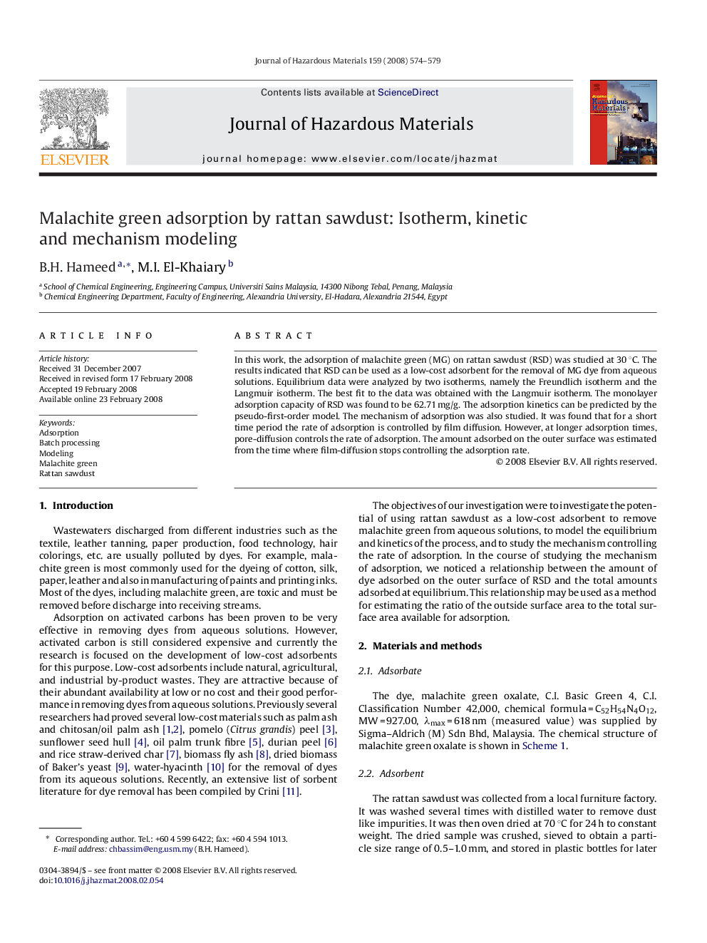 عکس صفحه اول مقاله: Malachite green adsorption by rattan sawdust: Isotherm, kinetic and mechanism modeling Malachite green adsorption by rattan sawdust: Isotherm, kinetic and mechanism modeling