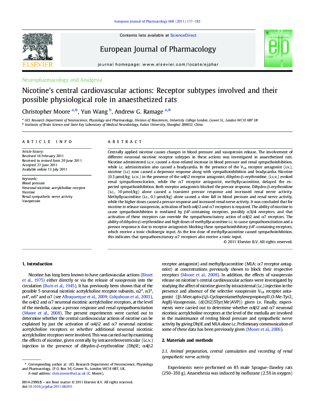 Neuropharmacology and AnalgesiaNicotine's central cardiovascular actions: Receptor subtypes involved and their possible physiological role in anaesthetized rats