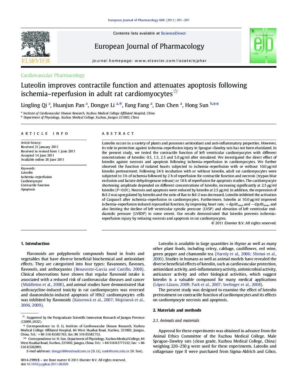 Cardiovascular PharmacologyLuteolin improves contractile function and attenuates apoptosis following ischemia-reperfusion in adult rat cardiomyocytes