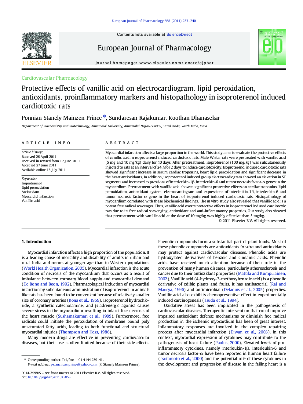 Cardiovascular PharmacologyProtective effects of vanillic acid on electrocardiogram, lipid peroxidation, antioxidants, proinflammatory markers and histopathology in isoproterenol induced cardiotoxic rats