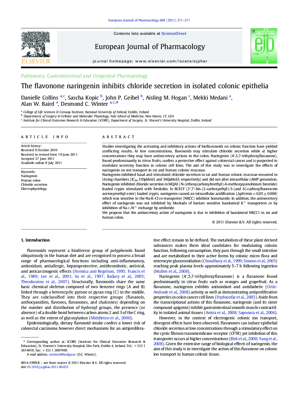 The flavonone naringenin inhibits chloride secretion in isolated colonic epithelia