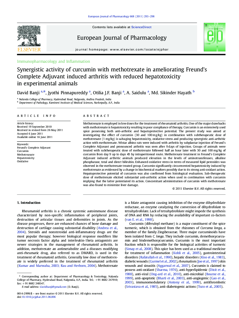 Synergistic activity of curcumin with methotrexate in ameliorating Freund's Complete Adjuvant induced arthritis with reduced hepatotoxicity in experimental animals