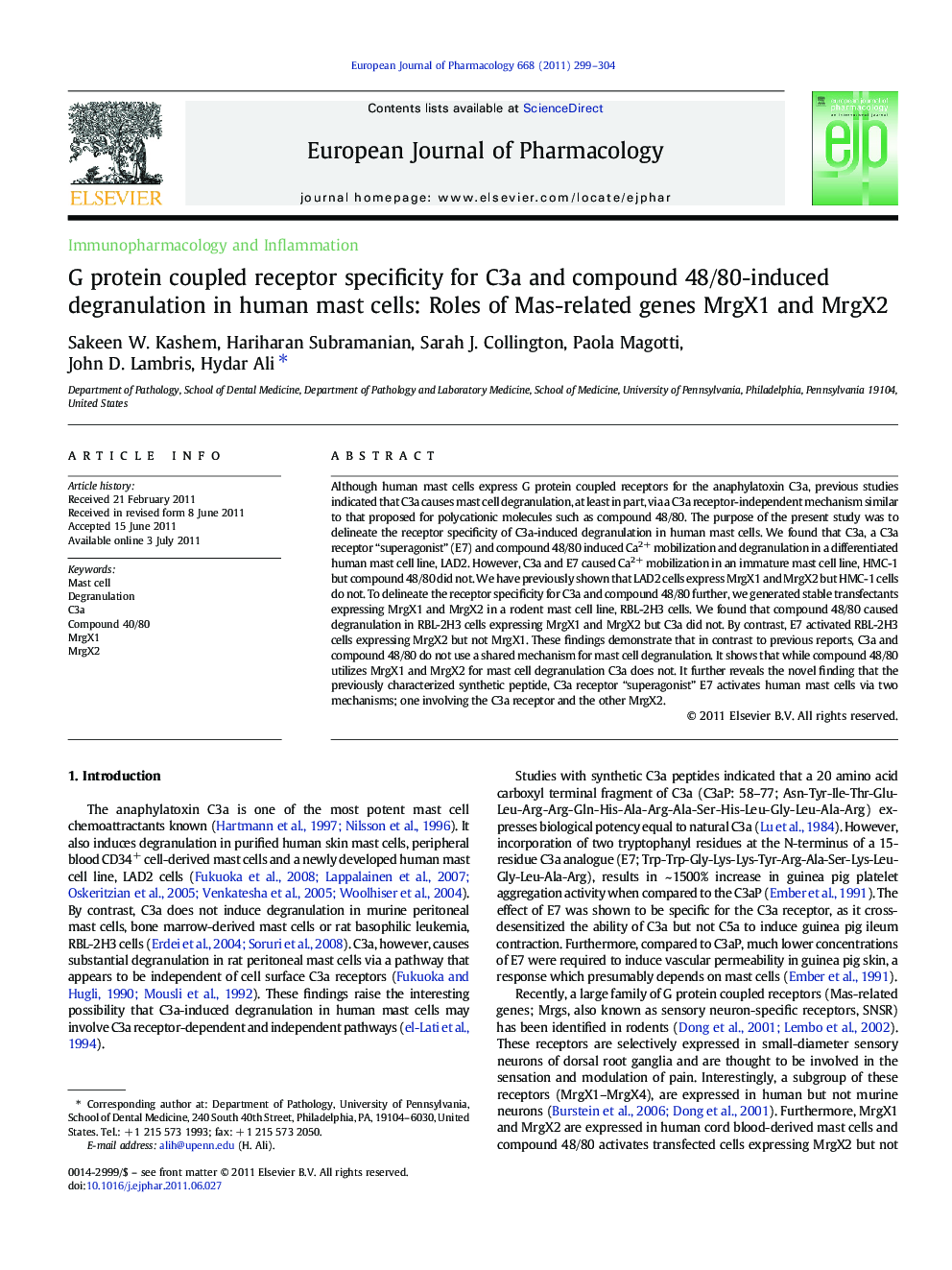 G protein coupled receptor specificity for C3a and compound 48/80-induced degranulation in human mast cells: Roles of Mas-related genes MrgX1 and MrgX2