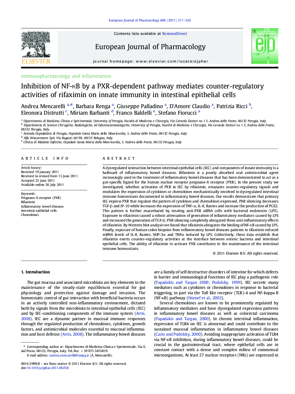 Inhibition of NF-ÎºB by a PXR-dependent pathway mediates counter-regulatory activities of rifaximin on innate immunity in intestinal epithelial cells