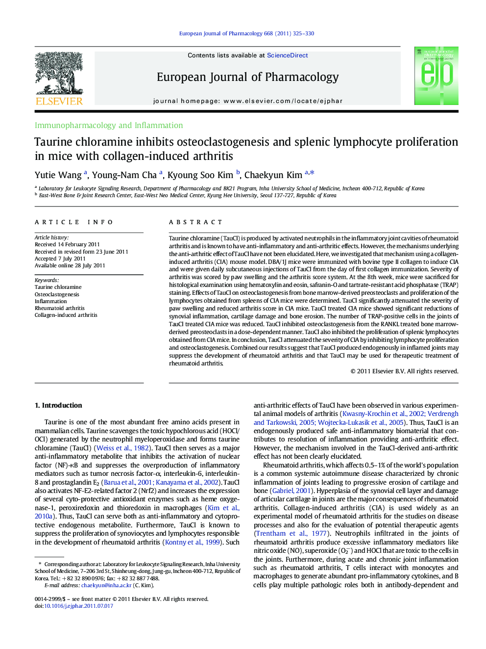 Taurine chloramine inhibits osteoclastogenesis and splenic lymphocyte proliferation in mice with collagen-induced arthritis