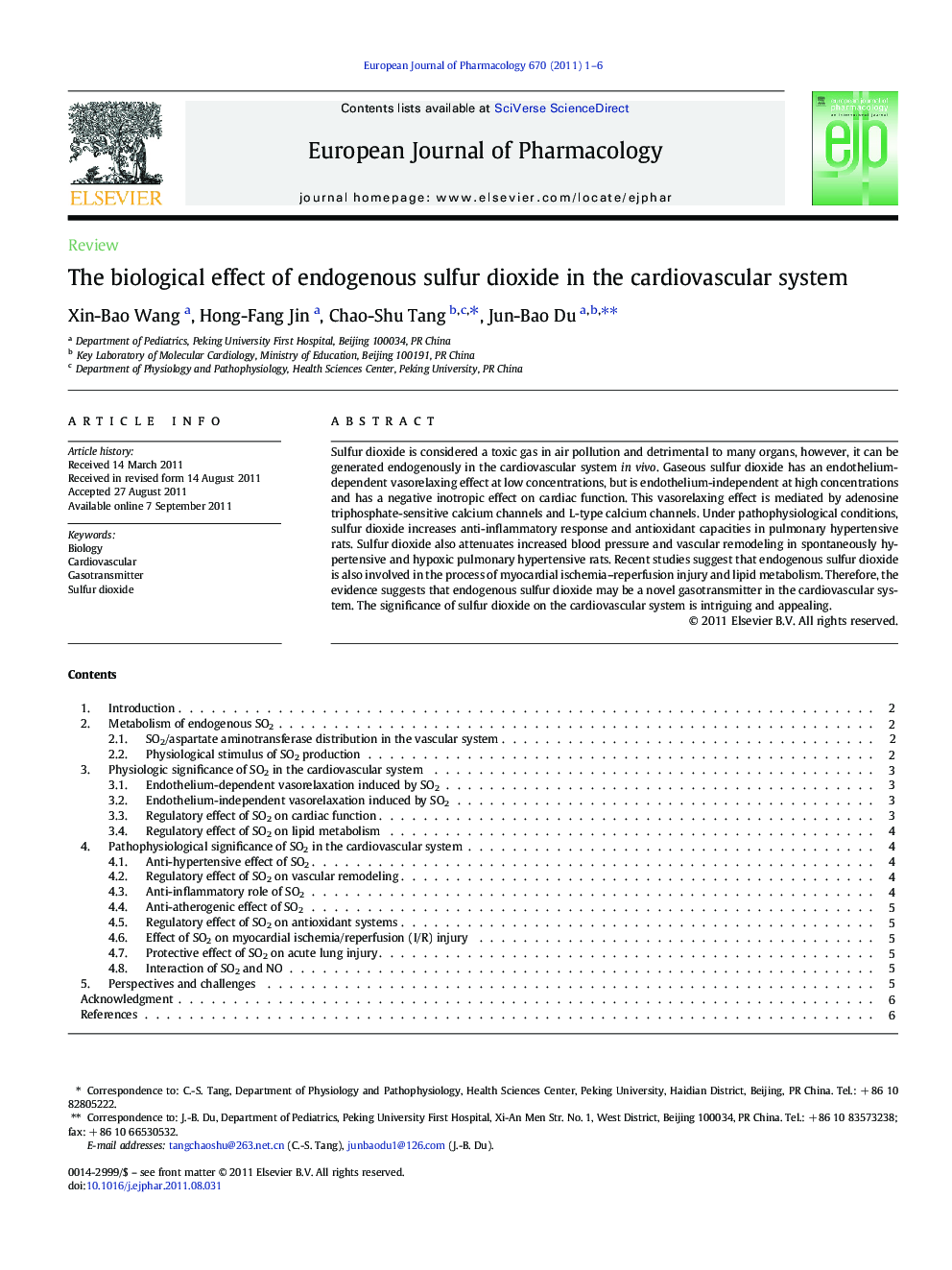 عکس صفحه اول مقاله: The biological effect of endogenous sulfur dioxide in the cardiovascular system The biological effect of endogenous sulfur dioxide in the cardiovascular system