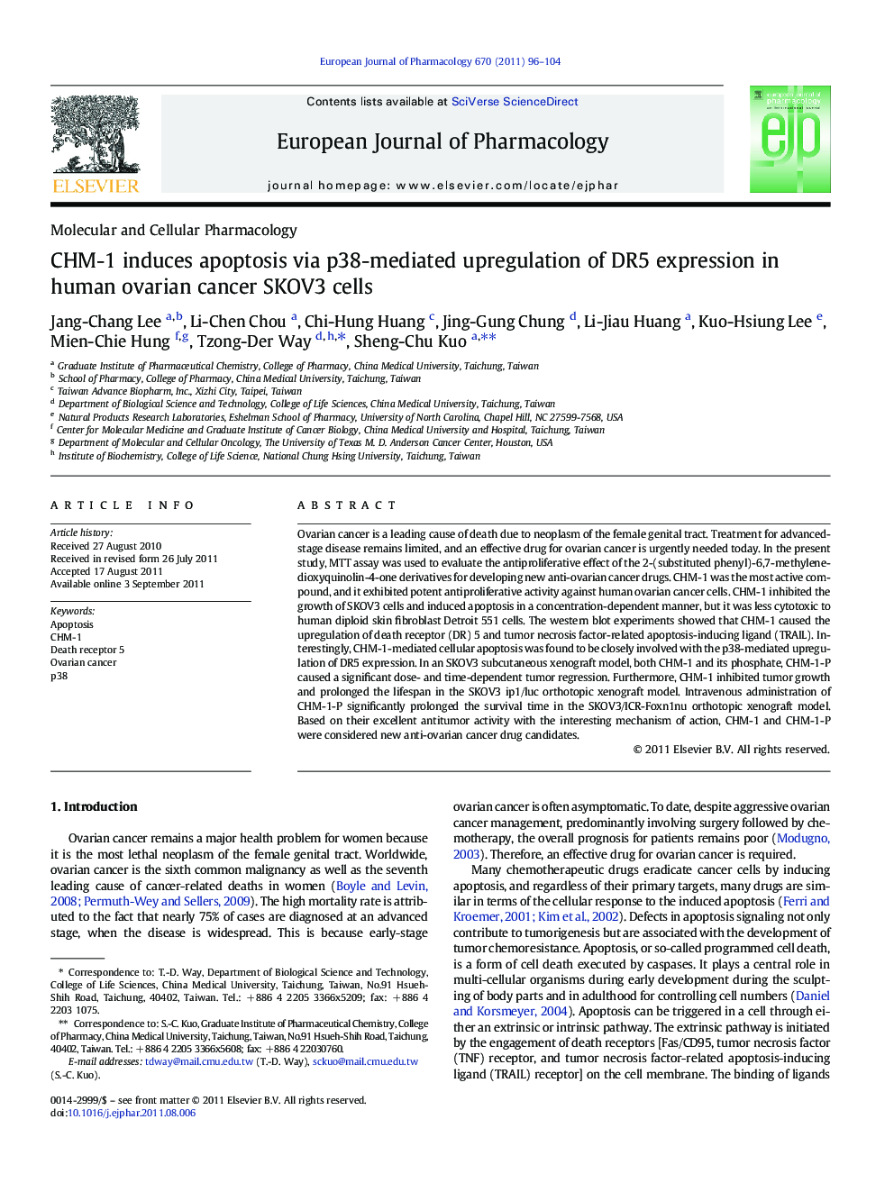 Molecular and Cellular PharmacologyCHM-1 induces apoptosis via p38-mediated upregulation of DR5 expression in human ovarian cancer SKOV3 cells