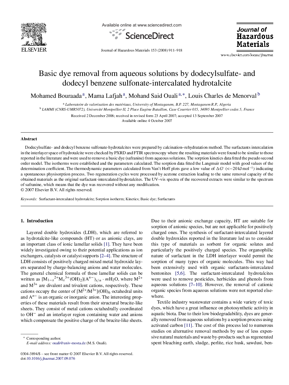Basic dye removal from aqueous solutions by dodecylsulfate- and dodecyl benzene sulfonate-intercalated hydrotalcite