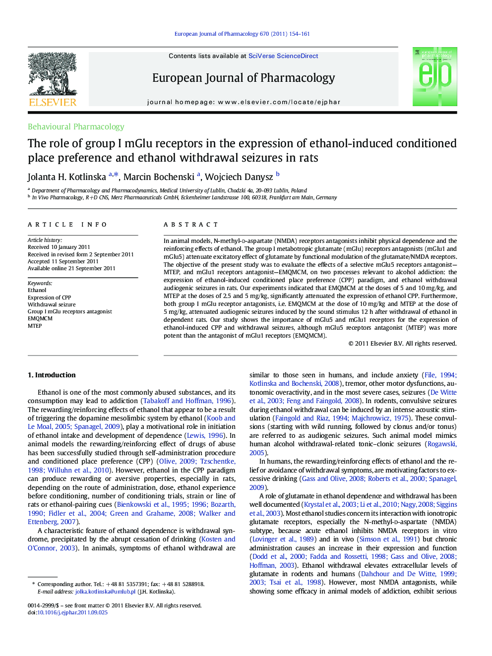 The role of group I mGlu receptors in the expression of ethanol-induced conditioned place preference and ethanol withdrawal seizures in rats