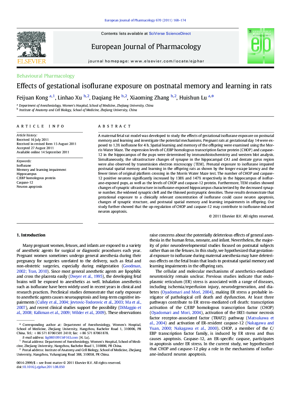 Effects of gestational isoflurane exposure on postnatal memory and learning in rats