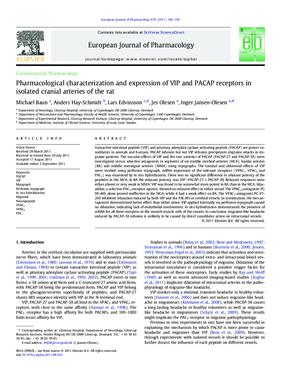 Pharmacological characterization and expression of VIP and PACAP receptors in isolated cranial arteries of the rat