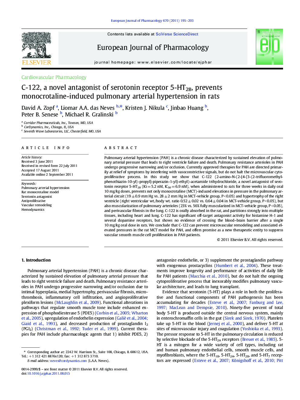 C-122, a novel antagonist of serotonin receptor 5-HT2B, prevents monocrotaline-induced pulmonary arterial hypertension in rats