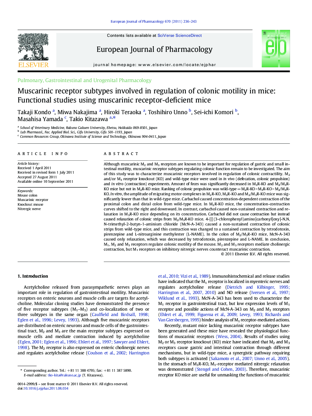 Muscarinic receptor subtypes involved in regulation of colonic motility in mice: Functional studies using muscarinic receptor-deficient mice