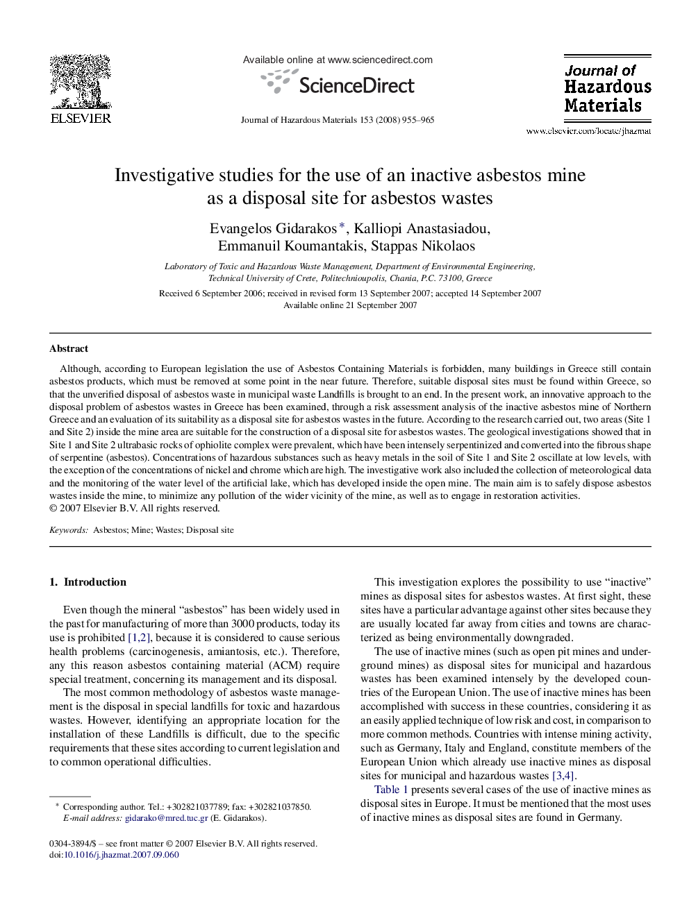 Investigative studies for the use of an inactive asbestos mine as a disposal site for asbestos wastes