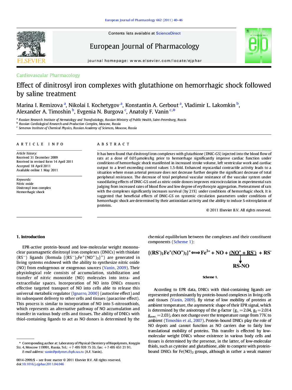 Effect of dinitrosyl iron complexes with glutathione on hemorrhagic shock followed by saline treatment