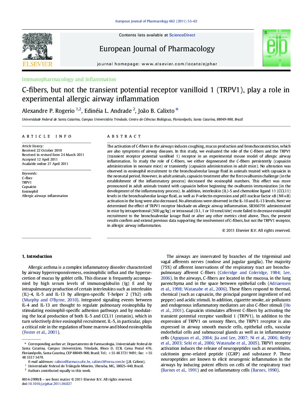 C-fibers, but not the transient potential receptor vanilloid 1 (TRPV1), play a role in experimental allergic airway inflammation