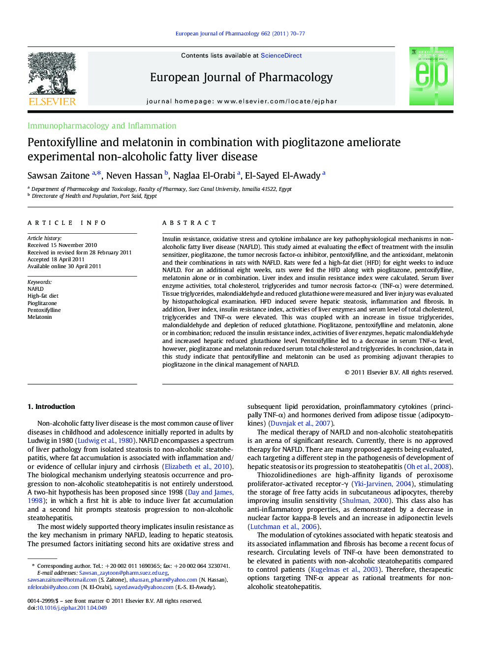 Pentoxifylline and melatonin in combination with pioglitazone ameliorate experimental non-alcoholic fatty liver disease