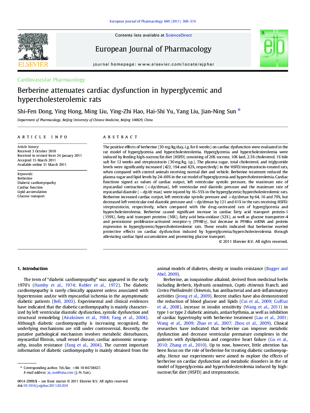 Berberine attenuates cardiac dysfunction in hyperglycemic and hypercholesterolemic rats