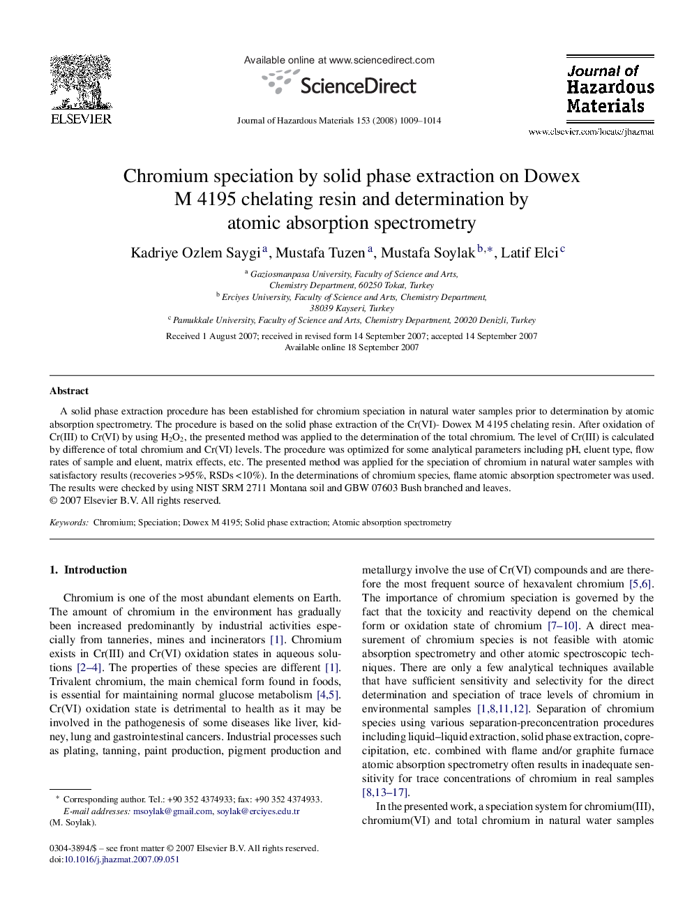 Chromium speciation by solid phase extraction on Dowex M 4195 chelating resin and determination by atomic absorption spectrometry