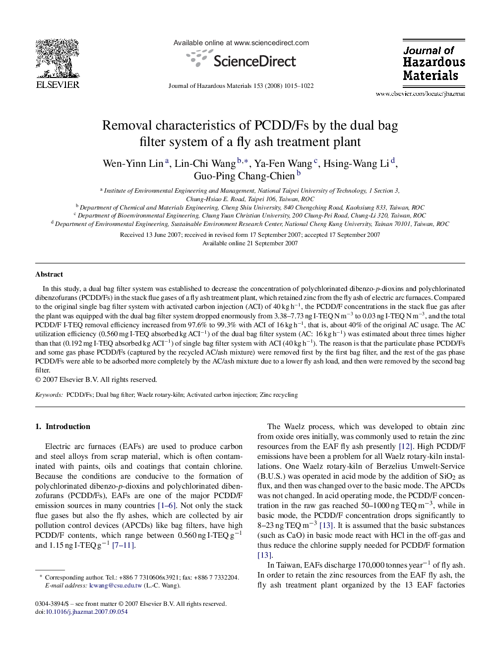 Removal characteristics of PCDD/Fs by the dual bag filter system of a fly ash treatment plant