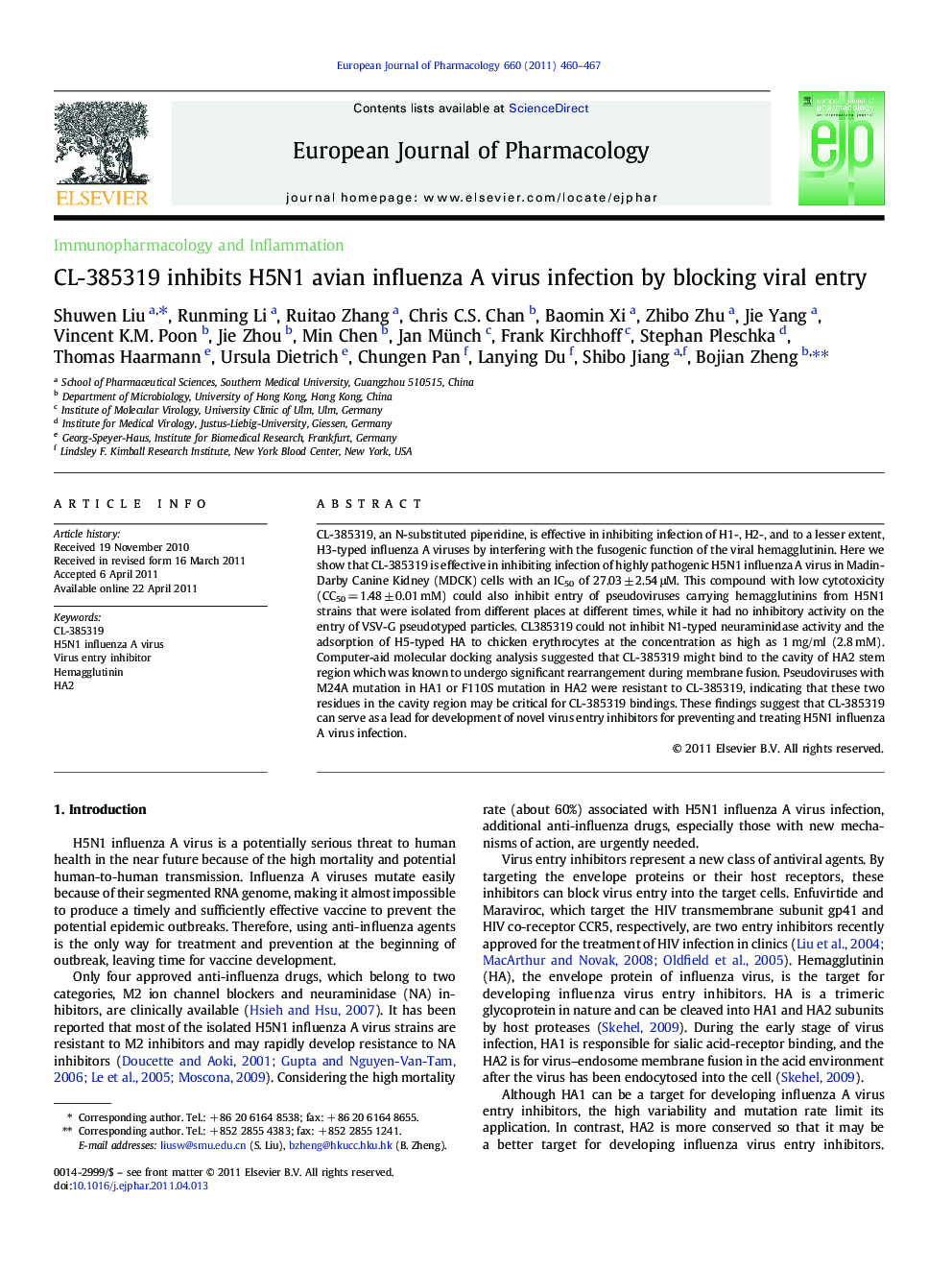 CL-385319 inhibits H5N1 avian influenza A virus infection by blocking viral entry