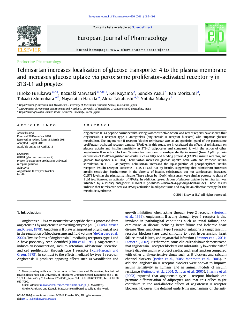 Telmisartan increases localization of glucose transporter 4 to the plasma membrane and increases glucose uptake via peroxisome proliferator-activated receptor Î³ in 3T3-L1 adipocytes