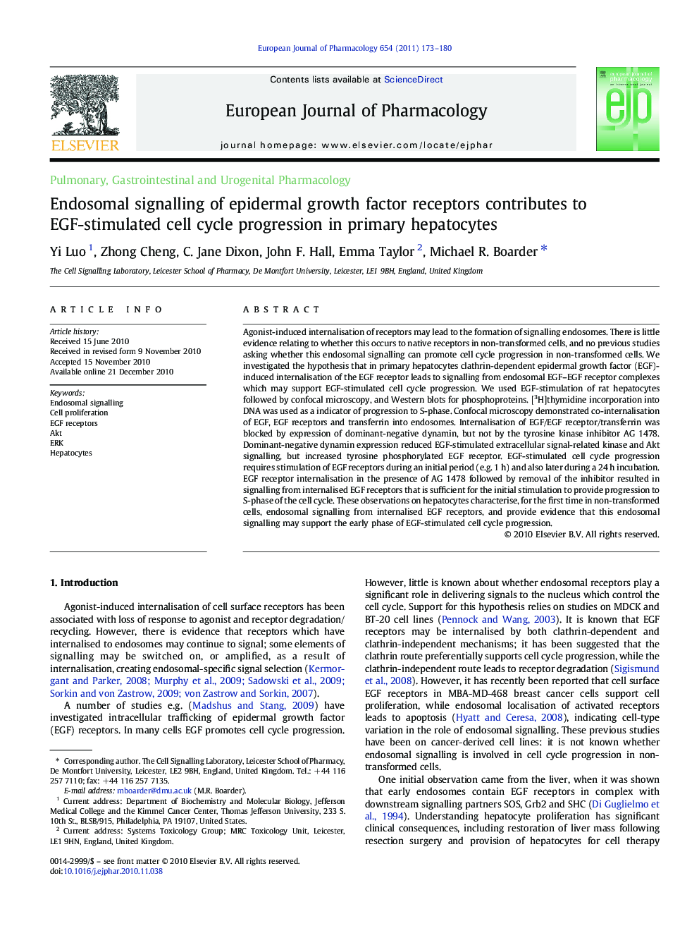 Endosomal signalling of epidermal growth factor receptors contributes to EGF-stimulated cell cycle progression in primary hepatocytes