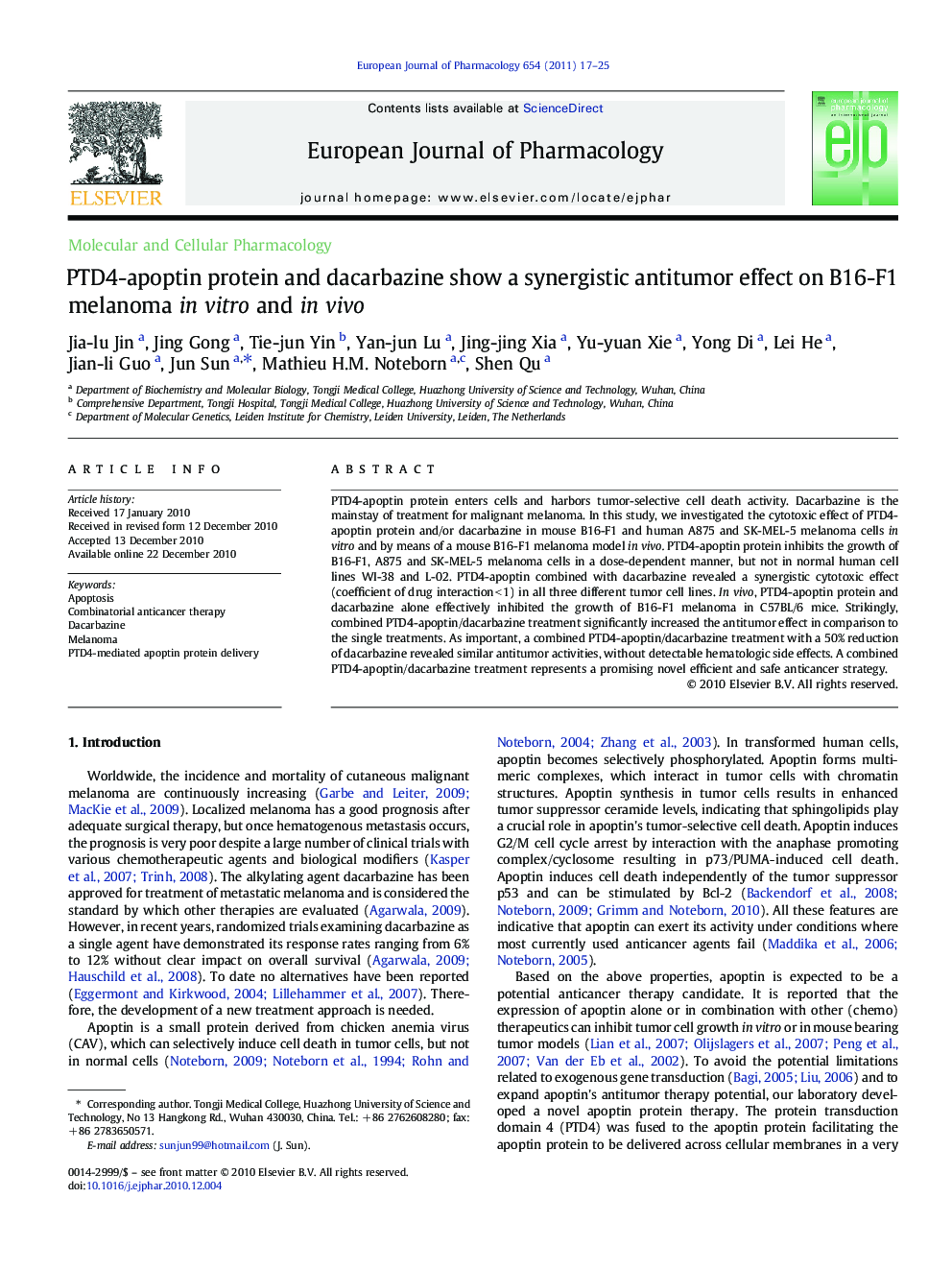 PTD4-apoptin protein and dacarbazine show a synergistic antitumor effect on B16-F1 melanoma in vitro and in vivo