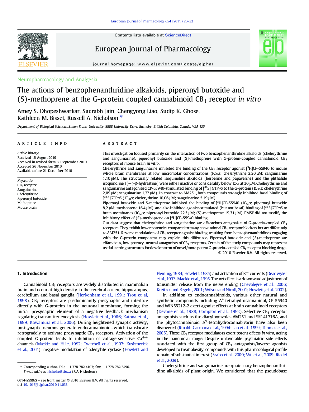 The actions of benzophenanthridine alkaloids, piperonyl butoxide and (S)-methoprene at the G-protein coupled cannabinoid CB1 receptor in vitro