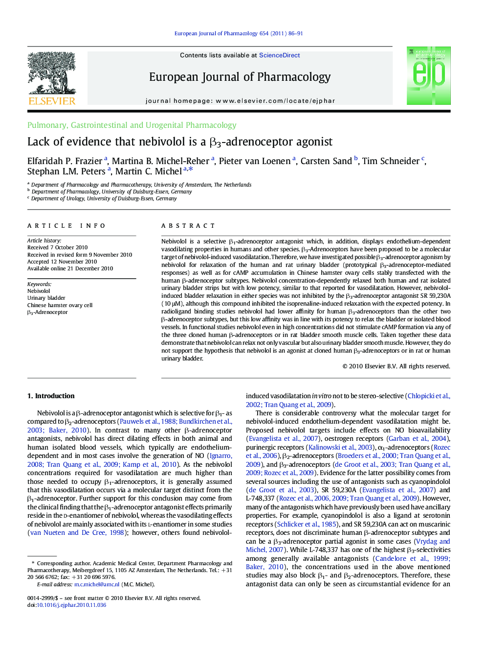 Pulmonary, Gastrointestinal and Urogenital PharmacologyLack of evidence that nebivolol is a Î²3-adrenoceptor agonist