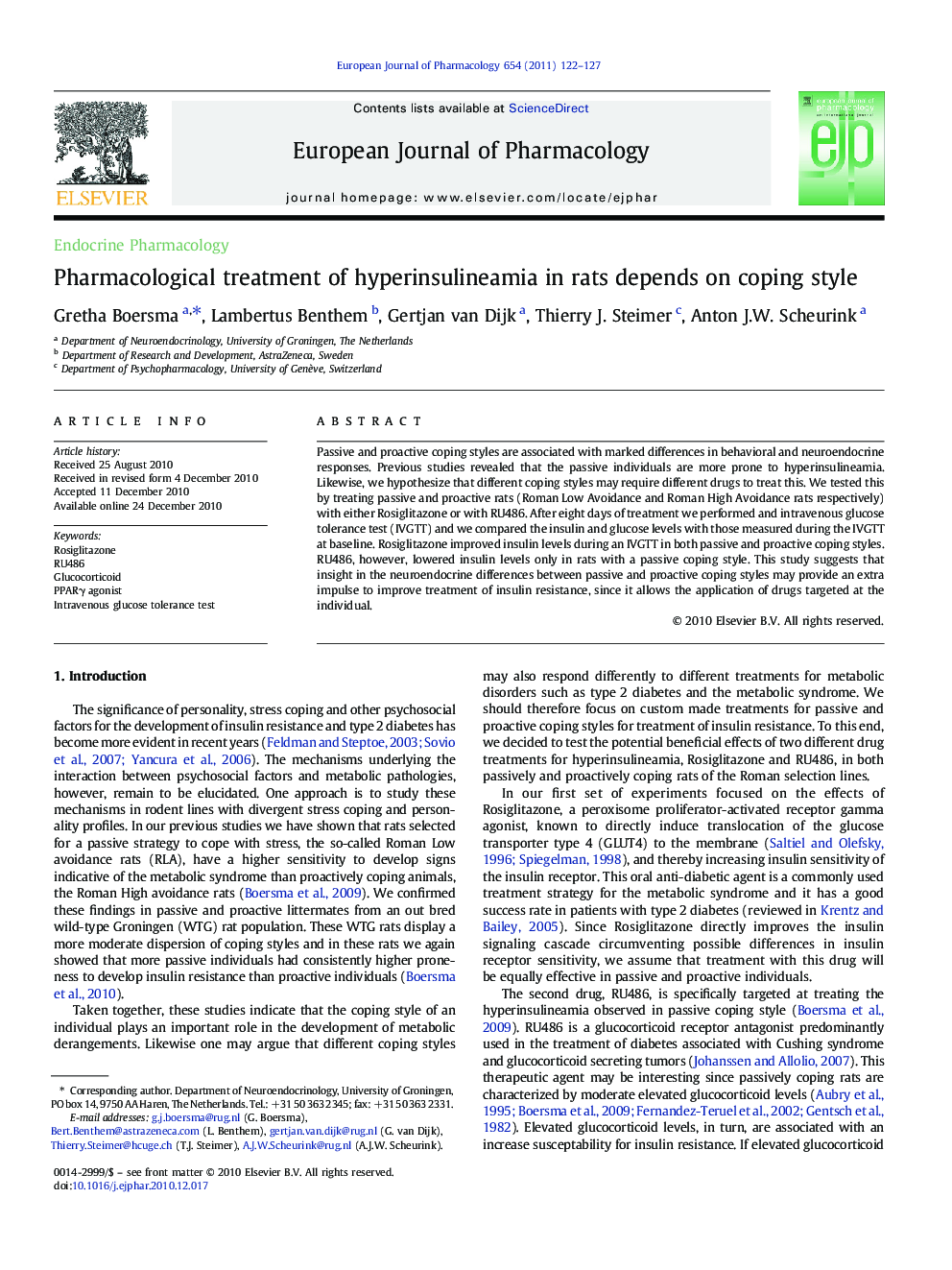 Pharmacological treatment of hyperinsulineamia in rats depends on coping style