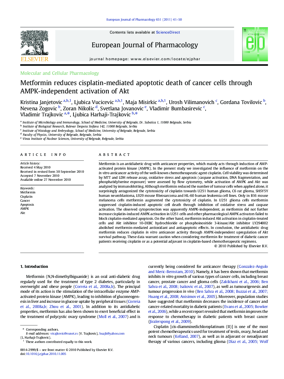 Metformin reduces cisplatin-mediated apoptotic death of cancer cells through AMPK-independent activation of Akt