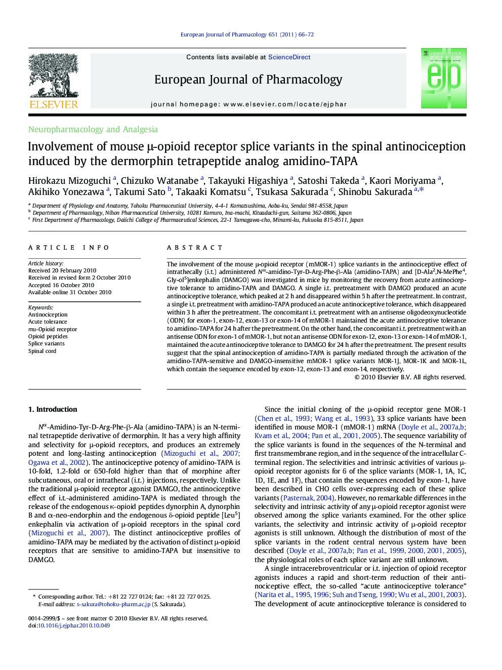 عکس صفحه اول مقاله: Involvement of mouse μ-opioid receptor splice variants in the spinal antinociception induced by the dermorphin tetrapeptide analog amidino-TAPA Involvement of mouse μ-opioid receptor splice variants in the spinal antinociception induced by the dermorphin tetrapeptide analog amidino-TAPA