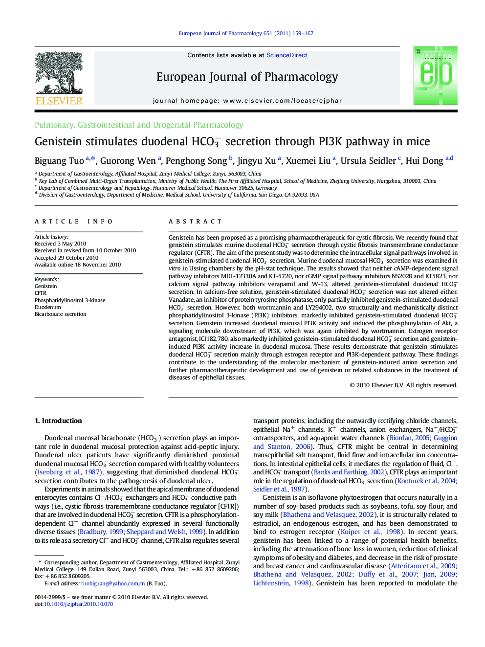 Genistein stimulates duodenal HCO3â secretion through PI3K pathway in mice