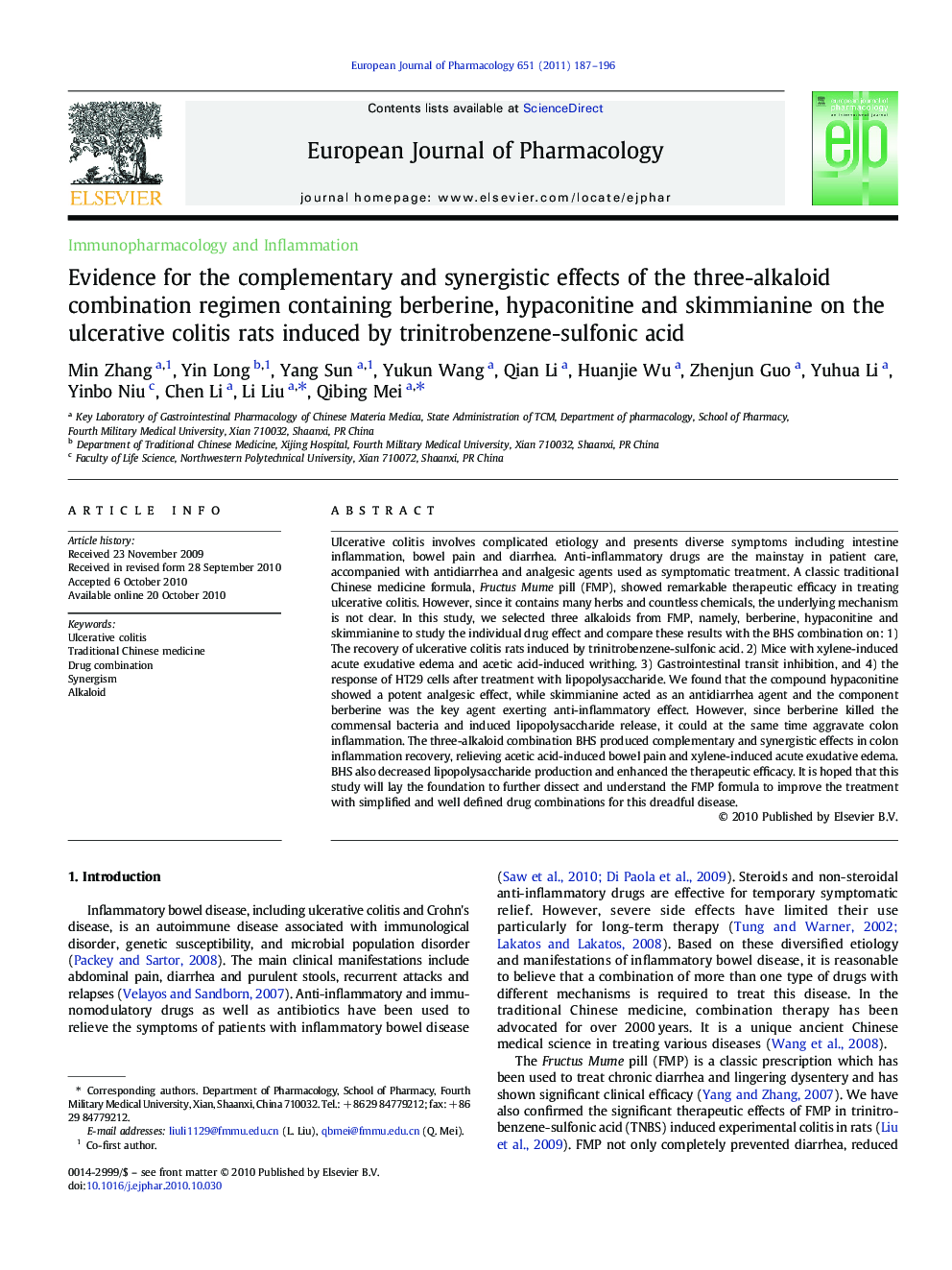 Immunopharmacology and InflammationEvidence for the complementary and synergistic effects of the three-alkaloid combination regimen containing berberine, hypaconitine and skimmianine on the ulcerative colitis rats induced by trinitrobenzene-sulfonic acid