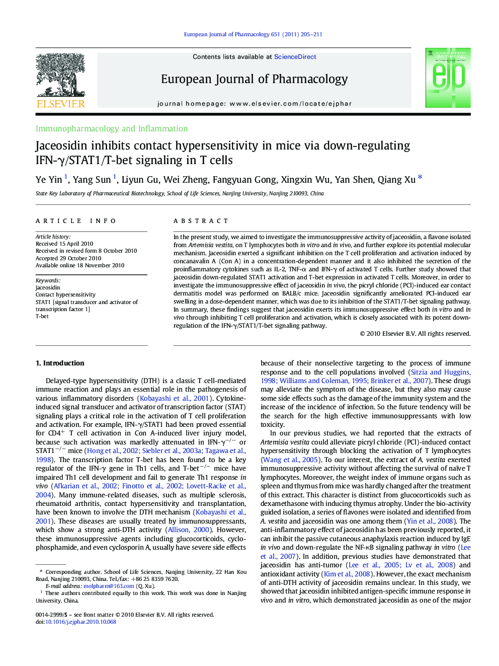 Immunopharmacology and InflammationJaceosidin inhibits contact hypersensitivity in mice via down-regulating IFN-Î³/STAT1/T-bet signaling in T cells