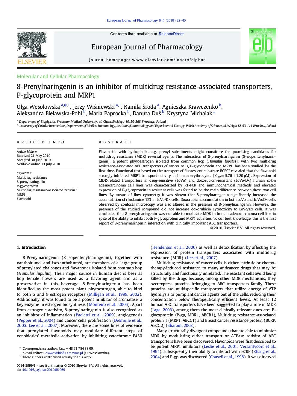 8-Prenylnaringenin is an inhibitor of multidrug resistance-associated transporters, P-glycoprotein and MRP1