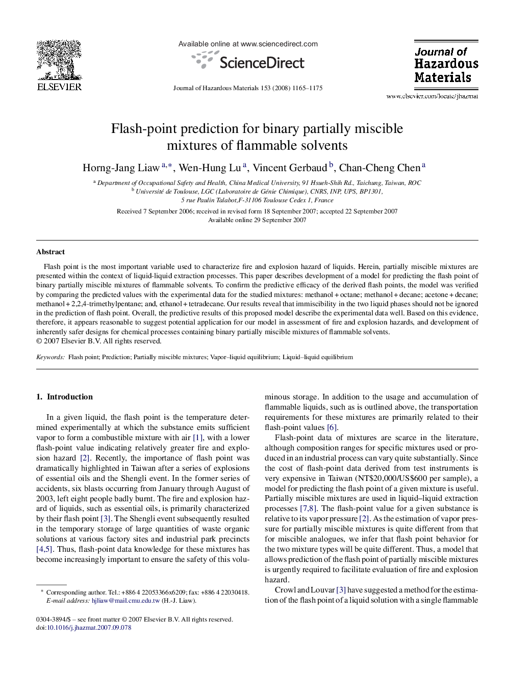 Flash-point prediction for binary partially miscible mixtures of flammable solvents