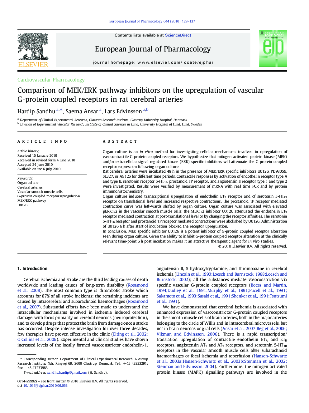 Comparison of MEK/ERK pathway inhibitors on the upregulation of vascular G-protein coupled receptors in rat cerebral arteries