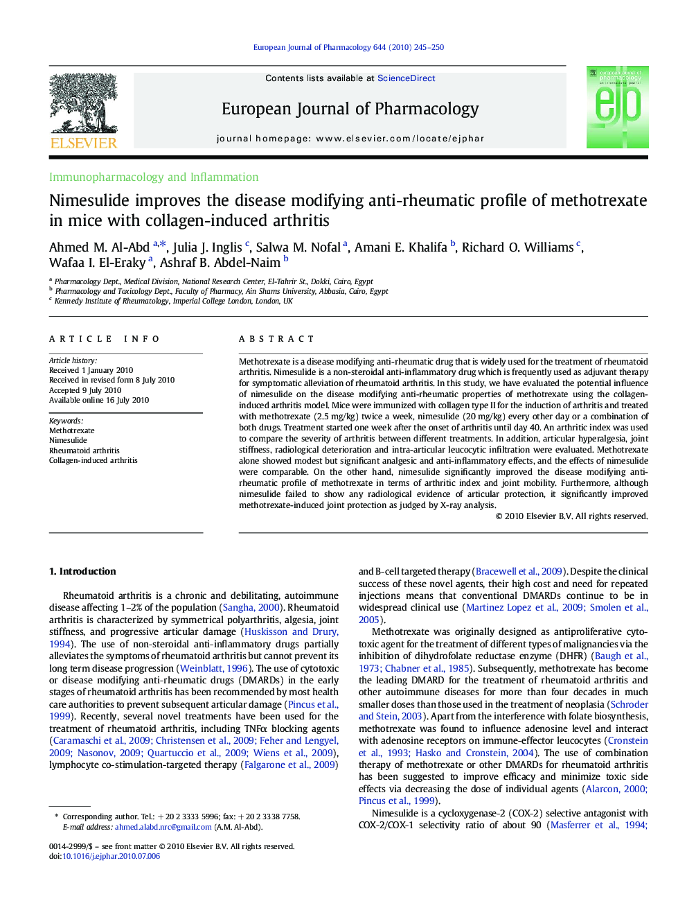 Nimesulide improves the disease modifying anti-rheumatic profile of methotrexate in mice with collagen-induced arthritis