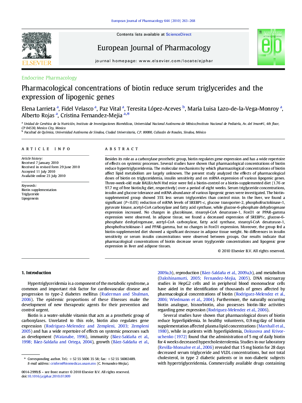 Pharmacological concentrations of biotin reduce serum triglycerides and the expression of lipogenic genes