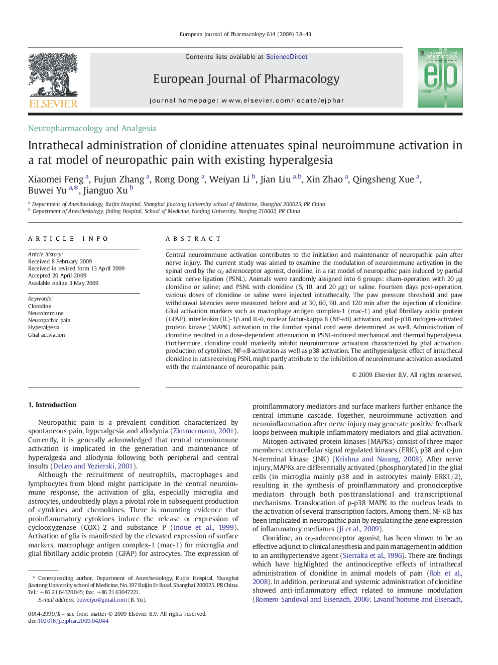 Intrathecal administration of clonidine attenuates spinal neuroimmune activation in a rat model of neuropathic pain with existing hyperalgesia