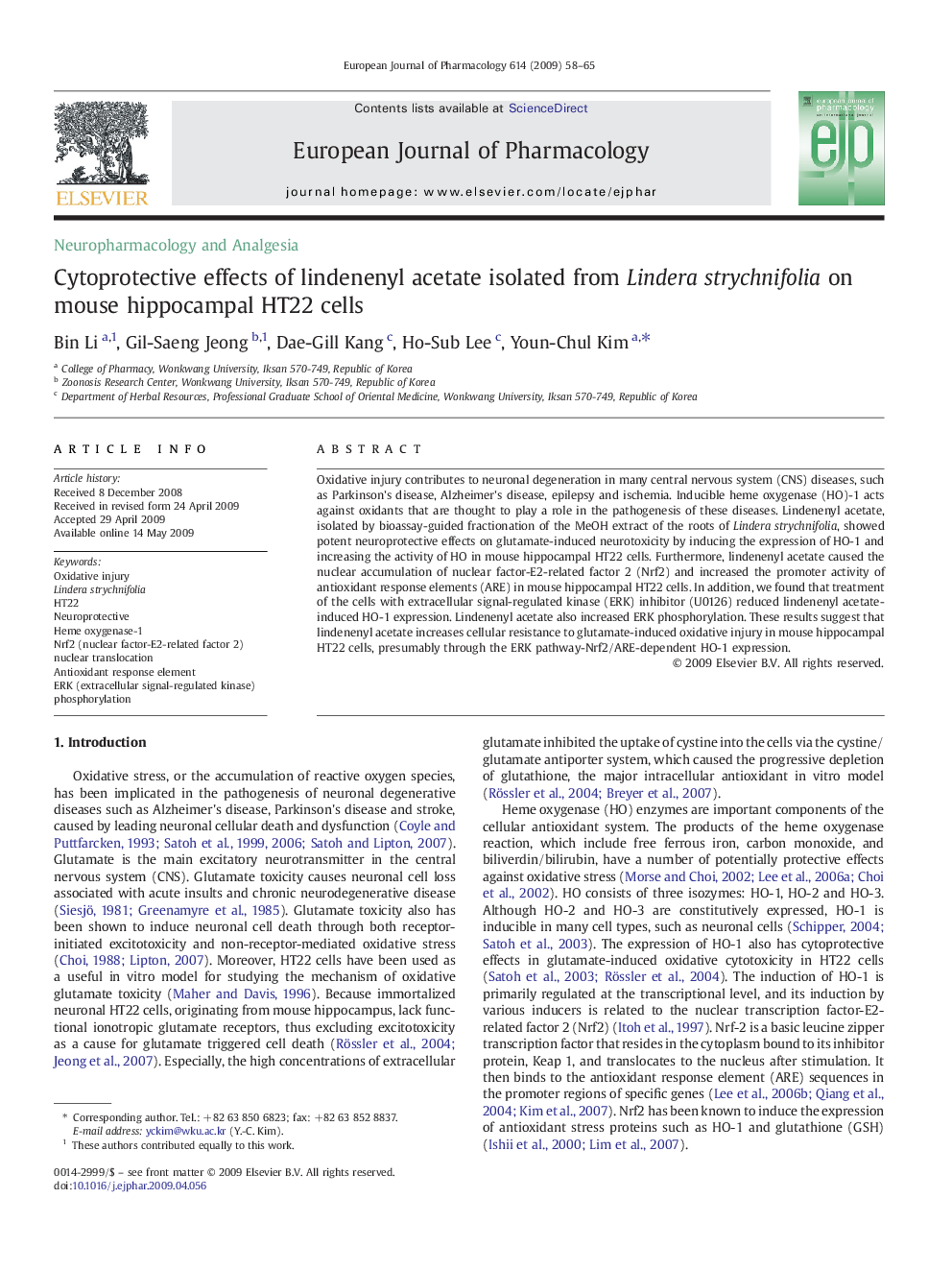 Neuropharmacology and AnalgesiaCytoprotective effects of lindenenyl acetate isolated from Lindera strychnifolia on mouse hippocampal HT22 cells