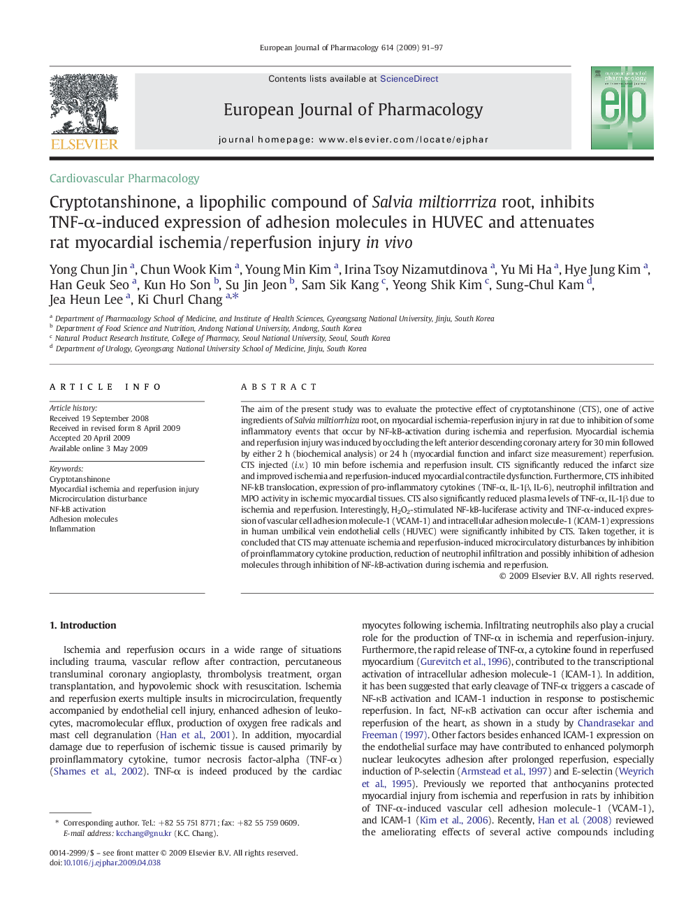 Cryptotanshinone, a lipophilic compound of Salvia miltiorrriza root, inhibits TNF-Î±-induced expression of adhesion molecules in HUVEC and attenuates rat myocardial ischemia/reperfusion injury in vivo