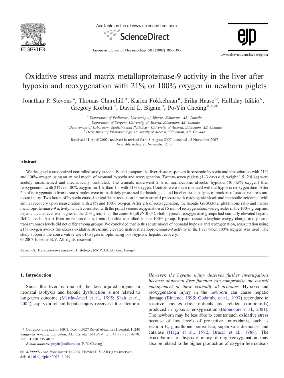 Oxidative stress and matrix metalloproteinase-9 activity in the liver after hypoxia and reoxygenation with 21% or 100% oxygen in newborn piglets