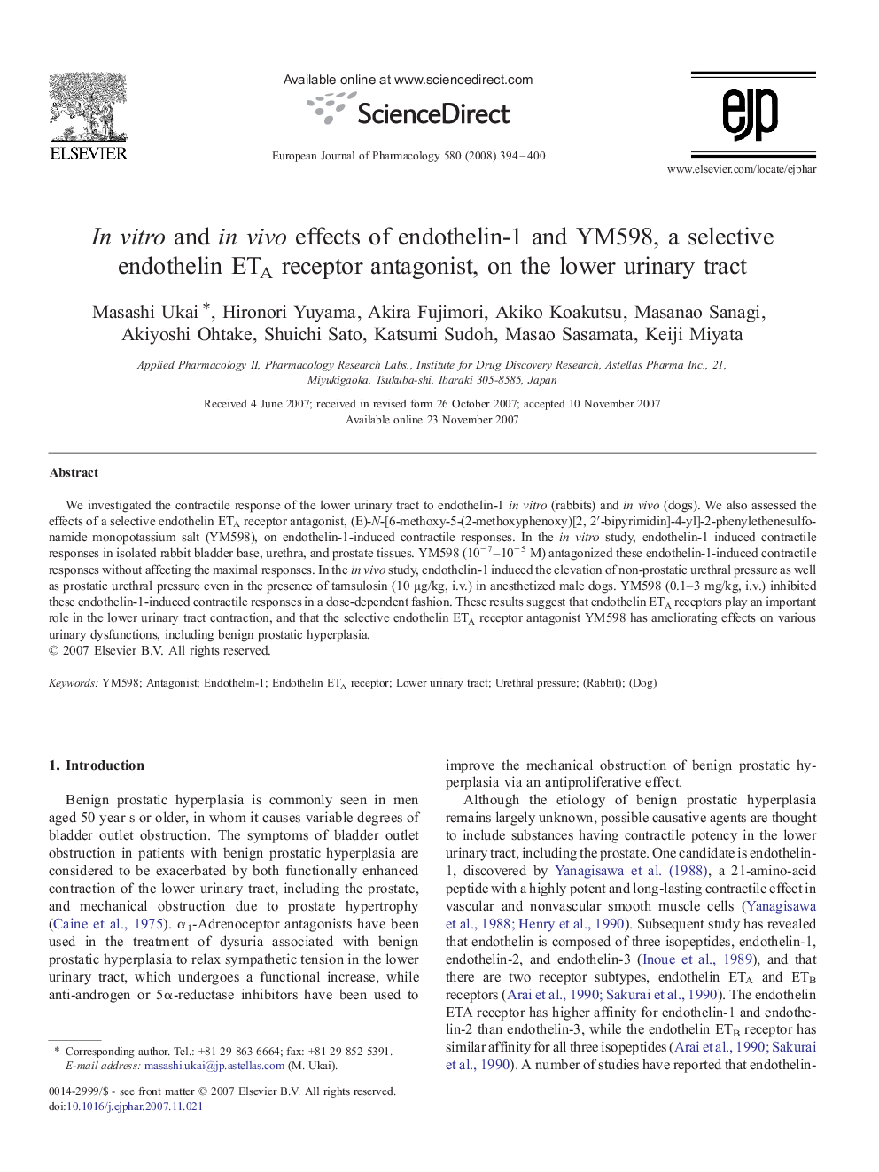 In vitro and in vivo effects of endothelin-1 and YM598, a selective endothelin ETA receptor antagonist, on the lower urinary tract