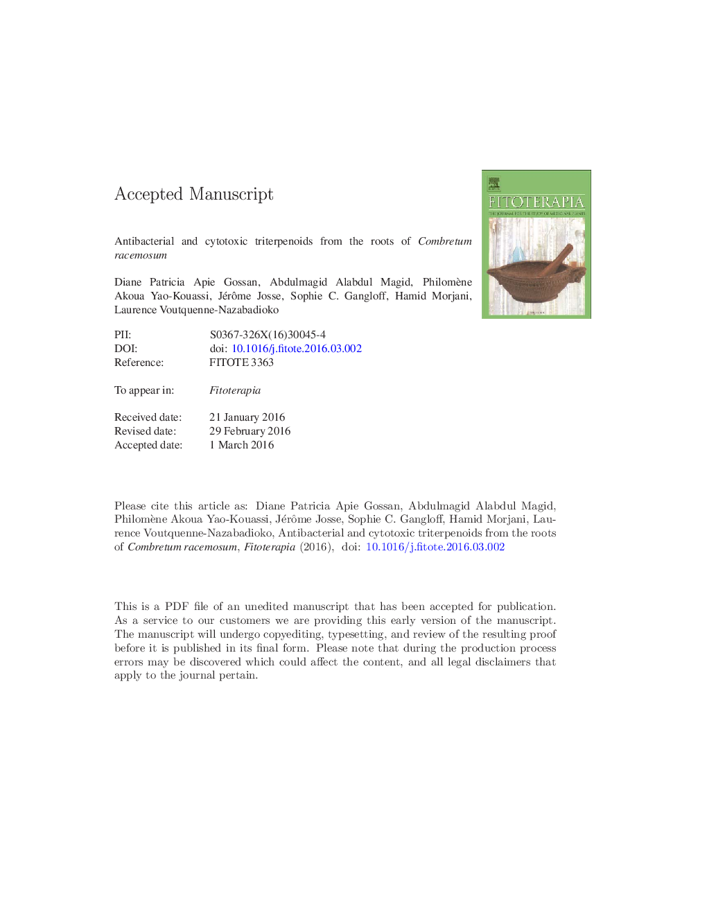 Antibacterial and cytotoxic triterpenoids from the roots of Combretum racemosum