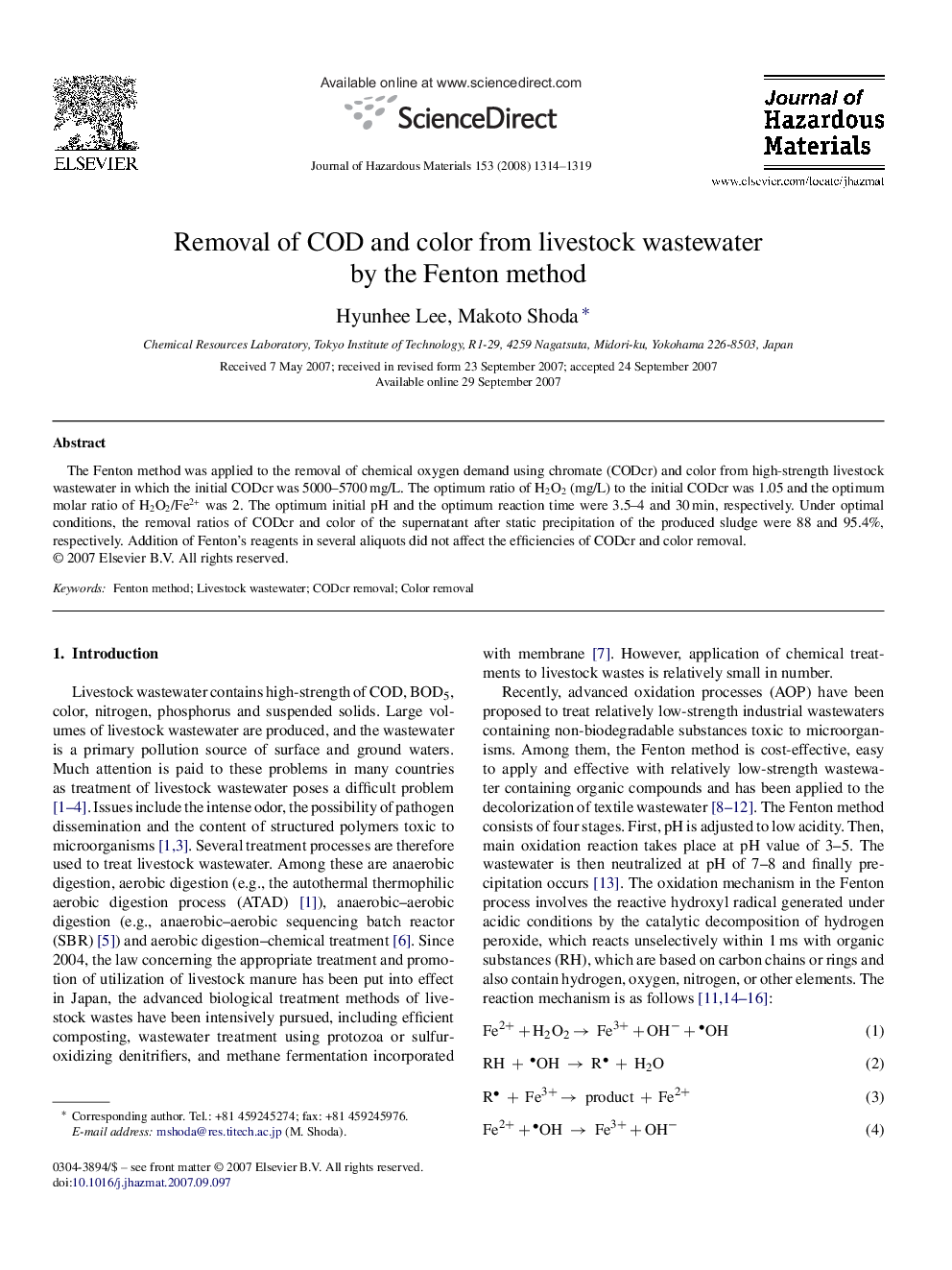 Removal of COD and color from livestock wastewater by the Fenton method