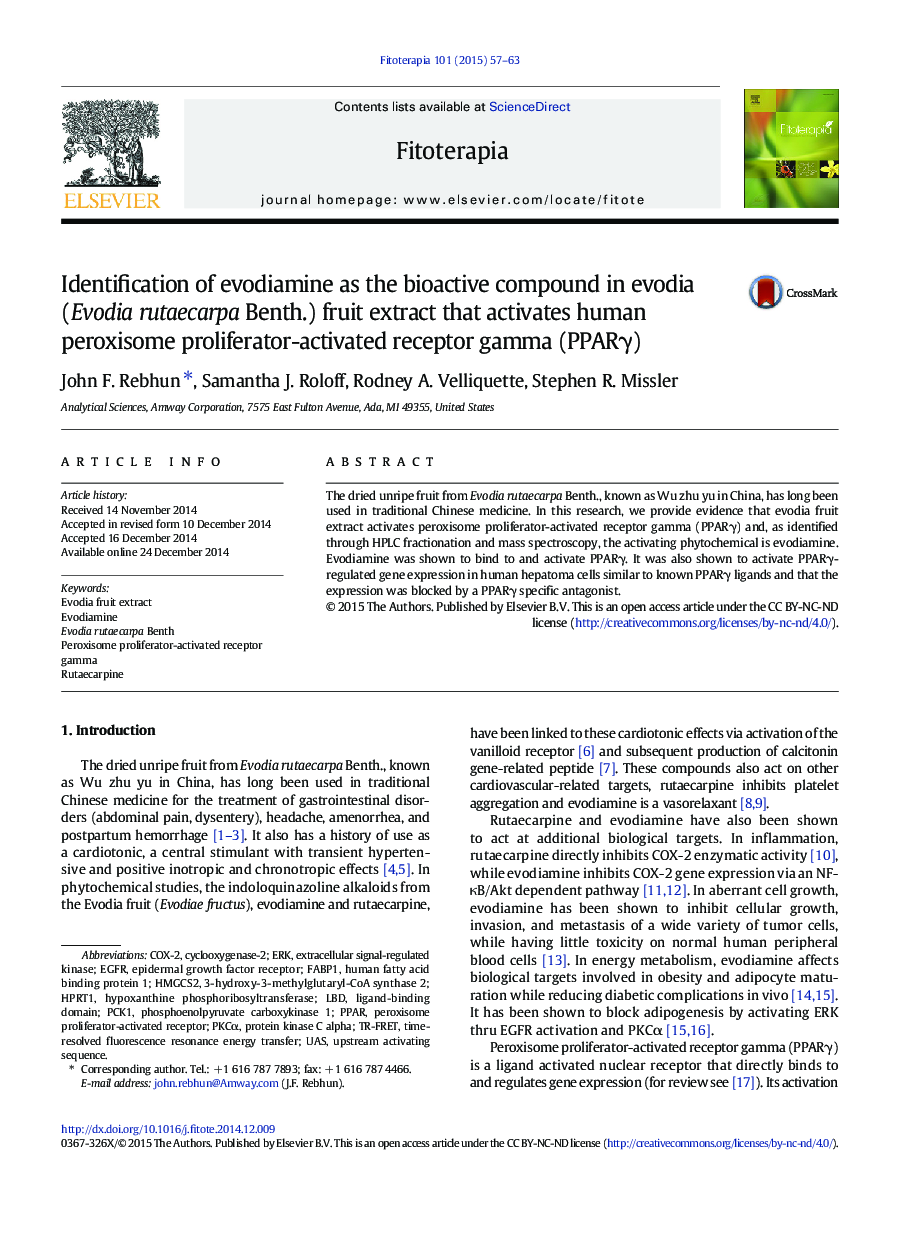 Identification of evodiamine as the bioactive compound in evodia (Evodia rutaecarpa Benth.) fruit extract that activates human peroxisome proliferator-activated receptor gamma (PPARÎ³)